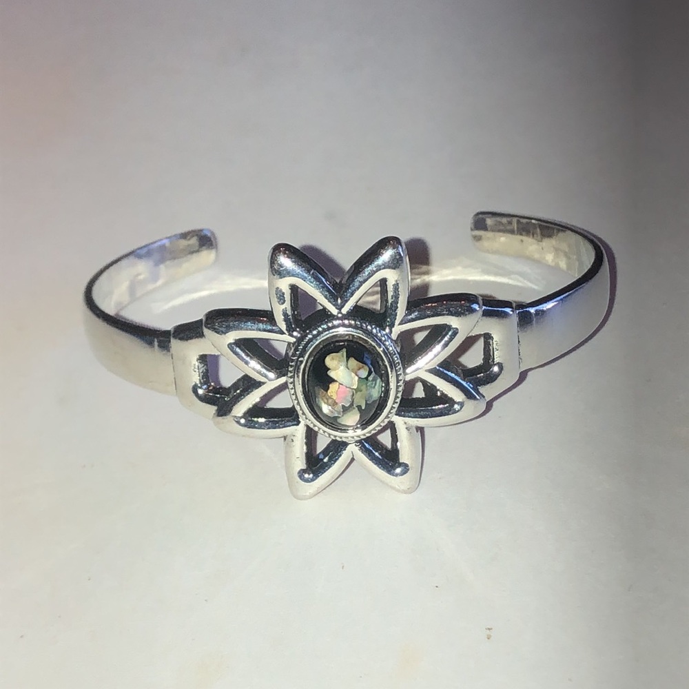 Silver Tone Flower Bangle Bracelet with Black Accent